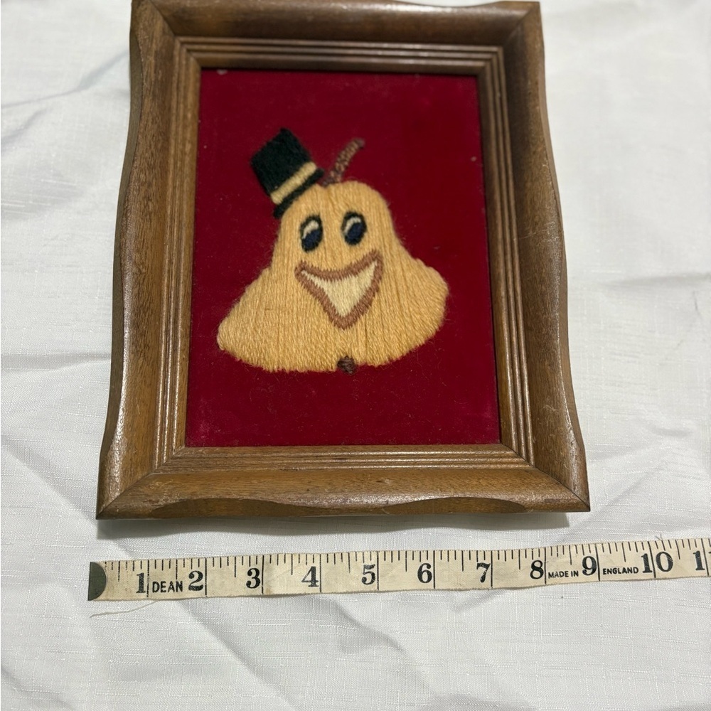 Vintage Crewel Framed Embroidered Pear Art with Top Hat